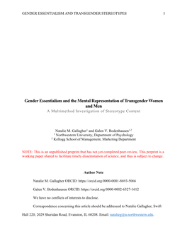 Gender Essentialism and the Mental Representation of Transgender Women and Men a Multimethod Investigation of Stereotype Content