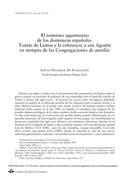 El Tomismo Agustiniano De Los Dominicos Españoles. Tomás De Lemos Y La Referencia a San Agustín En Tiempos De Las Congregaciones De Auxiliis1