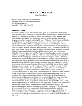 JEWISH LANGUAGES Sarah Bunin Benor