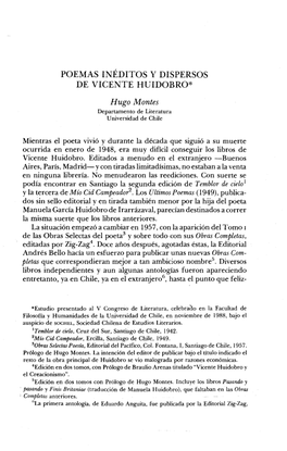 POEMAS INÉDITOS Y DISPERSOS DE VICENTE HUIDOBRO* Rugo Montes Departamento De Literatura Universidad De Chile