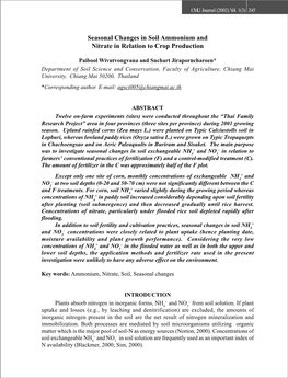 Seasonal Changes in Soil Ammonium and Nitrate in Relation to Crop Production