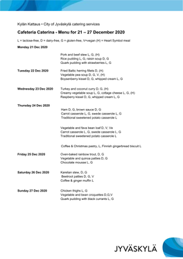 Cafeteria Caterina - Menu for 21 – 27 December 2020