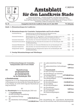 161 Nr. 25 Ausgegeben Durch Den Landkreis Stade Am 25. Juni 2020 70. Jahrgang Inhalt: A. Bekanntmachungen Des Landkreise