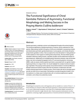 The Functional Significance of Chiral Genitalia: Patterns of Asymmetry, Functional Morphology and Mating Success in the Praying Mantis Ciulfina Baldersoni