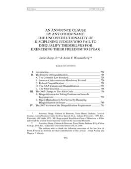 An Announce Clause by Any Other Name: the Unconstitutionality of Disciplining Judges Who Fail to Disqualify Themselves for Exercising Their Freedom to Speak