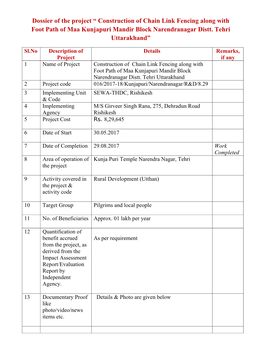 Dossier of the Project “ Construction of Chain Link Fencing Along with Foot Path of Maa Kunjapuri Mandir Block Narendranagar Distt