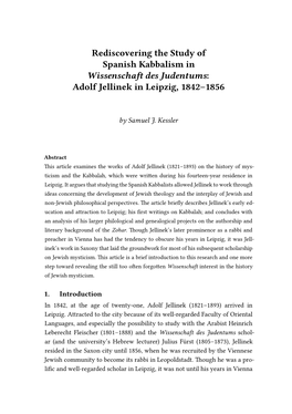 Rediscovering the Study of Spanish Kabbalism in Wissenschaft Des Judentums: Adolf Jellinek in Leipzig, 1842–1856