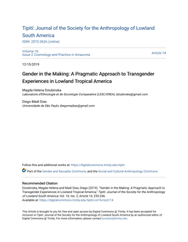Gender in the Making: a Pragmatic Approach to Transgender Experiences in Lowland Tropical America