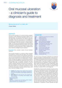 Oral Mucosal Ulceration - a Clinician’S Guide to Diagnosis and Treatment