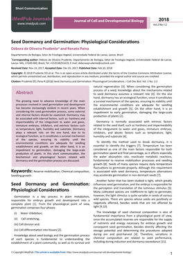 Seed Dormancy and Germination: Physiological Considerations Débora De Oliveira Prudente* and Renato Paiva