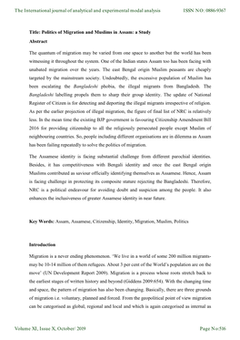 Politics of Migration and Muslims in Assam: a Study Abstract