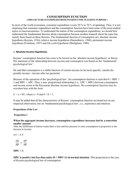 Consumption Function (This Lecture Is Compiled from Internet for Teaching Purpose )