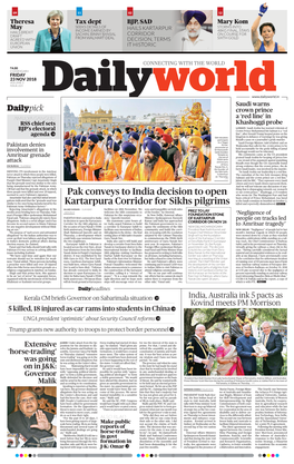Pak Conveys to India Decision to Open Kartarpura Corridor for Sikhs Pilgrims