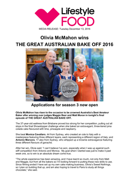 Olivia Mcmahon Wins the GREAT AUSTRALIAN BAKE OFF 2016