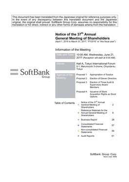 Notice of the 37Th Annual General Meeting of Shareholders (April 1, 2016 to March 31, 2017, “FY2016” Or “This Fiscal Year”)