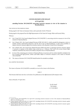 COUNCIL DECISION (CFSP) 2021/639 of 19 April 2021 Amending Decision 2013/184/CFSP Concerning Restrictive Measures in View of the Situation in Myanmar/Burma