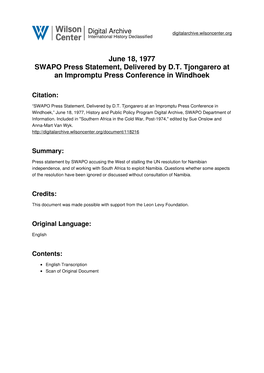 June 18, 1977 SWAPO Press Statement, Delivered by D.T. Tjongarero at an Impromptu Press Conference in Windhoek
