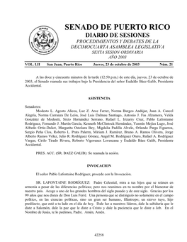Senado De Puerto Rico Diario De Sesiones Procedimientos Y Debates De La Decimocuarta Asamblea Legislativa Sexta Sesion Ordinaria Año 2003 Vol