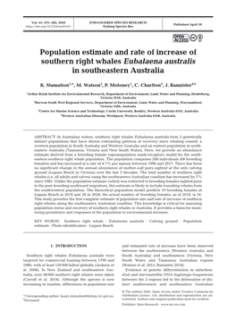 Population Estimate and Rate of Increase of Southern Right Whales Eubalaena Australis in Southeastern Australia