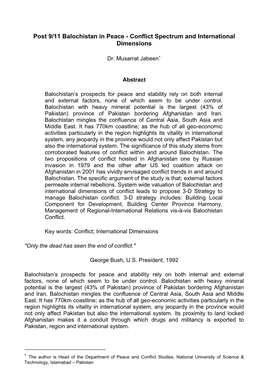 Post 9/11 Balochistan in Peace - Conflict Spectrum and International Dimensions