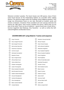 CAVERN BIRD LIST Using Roberts 7 Names and Sequence