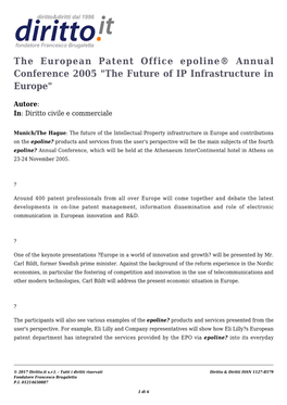 The European Patent Office Epoline® Annual Conference 2005 "The Future of IP Infrastructure in Europe"