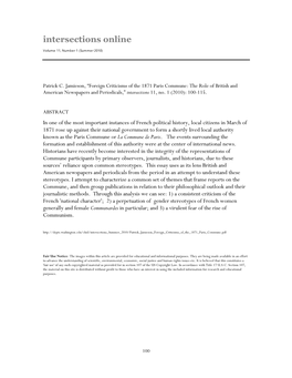 Foreign Criticisms of the 1871 Paris Commune: the Role of British and American Newspapers and Periodicals,” Intersections 11, No