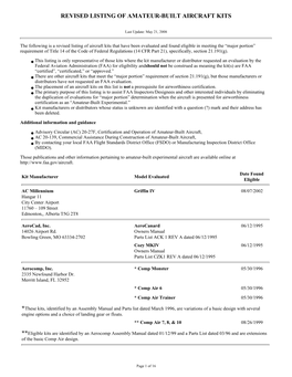 Revised Listing of Amateur-Built Aircraft Kits