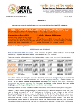 INTER NATIONAL ROLLER SKATE CHAMPIONSHIPS 2021 19Th ASIAN ROLLER SKATING CHAMPIONSHIP 2021 1-7 May 2021* Beidaihe, China