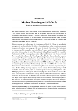 Nicolaas Bloembergen (1920–2017)∗ Physicist, Father of Nonlinear Optics