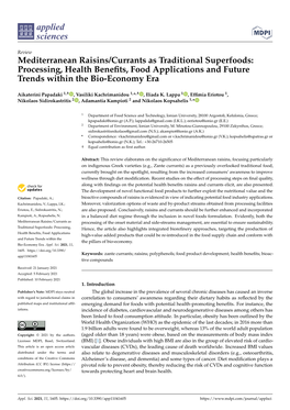 Mediterranean Raisins/Currants As Traditional Superfoods: Processing, Health Benefits, Food Applications and Future Trends Withi