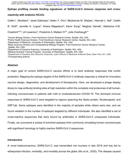 Epitope Profiling Reveals Binding Signatures of SARS-Cov-2 Immune Response and Cross- Reactivity with Endemic Hcovs