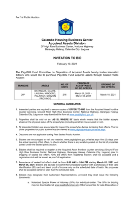 Calamba Housing Business Center Acquired Assets Division 2F High Rise Business Center, National Highway Barangay Halang, Calamba City, Laguna