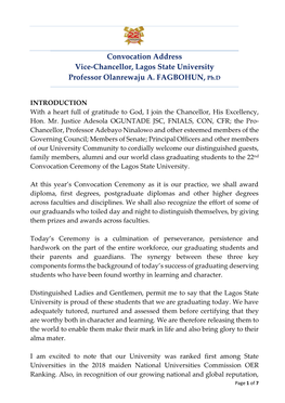 Convocation Address Vice-Chancellor, Lagos State University Professor Olanrewaju A