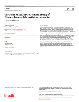 Towards an Analysis of Compositional Strategies1 Éléments D’Analyse De La Stratégie De Composition François Delalande