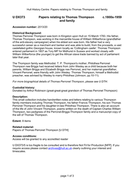 U DX373 Papers Relating to Thomas Thompson C.1800S-1959 and Family