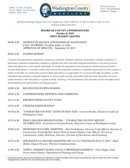 BOARD of COUNTY COMMISSIONERS October 8, 2019 OPEN SESSION AGENDA 08:00 A.M. MOMENT of SILENCE and PLEDGE of ALLEGIANCE CALL TO