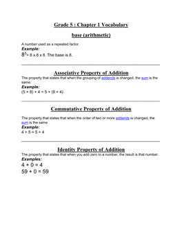 Grade 5 : Chapter 1 Vocabulary Base (Arithmetic) 83 Associative Property