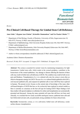 Pre-Clinical Cell-Based Therapy for Limbal Stem Cell Deficiency