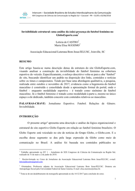 Invisibilidade Estrutural: Uma Análise Da (Não) Presença Do Futebol Feminino No 1 Globoesporte.Com