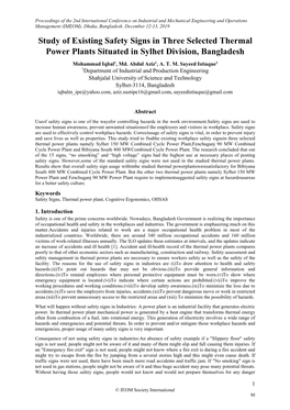 Study of Existing Safety Signs in Three Selected Thermal Power Plants Situated in Sylhet Division, Bangladesh Mohammad Iqbal1, Md