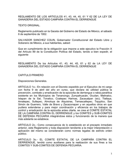 Reglamento De Los Articulos 41, 43, 44, 45, 61 Y 62 De La Ley De Ganaderia Del Estado Campaña Contra El Derriengue