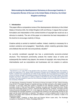 Reformulating the Idea/Expression Dichotomy to Encourage Creativity: a Comparative Review of the Law in the United States of America, the United Kingdom and Kenya