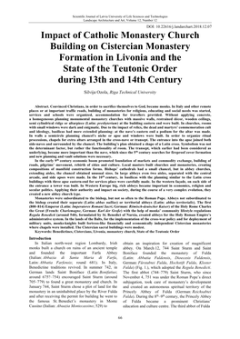 Impact of Catholic Monastery Church Building on Cistercian Monastery Formation in Livonia and the State of the Teutonic Order During 13Th and 14Th Century