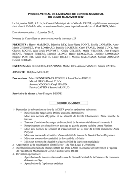 Proces-Verbal De La Seance De Conseil Municipal Du Lundi 16 Janvier 2012