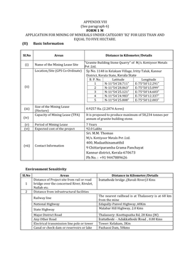 APPENDIX VIII (See Paragraph 6) FORM 1 M APPLICATION for MINING of MINERALS UNDER CATEGORY ‘B2’ for LESS THAN and EQUAL to FIVE HECTARE