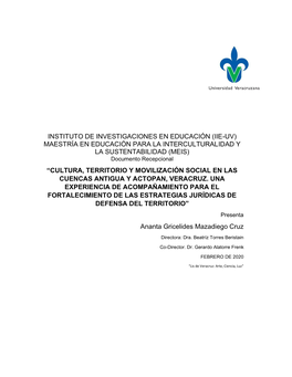 MEIS) Documento Recepcional “CULTURA, TERRITORIO Y MOVILIZACIÓN SOCIAL EN LAS CUENCAS ANTIGUA Y ACTOPAN, VERACRUZ