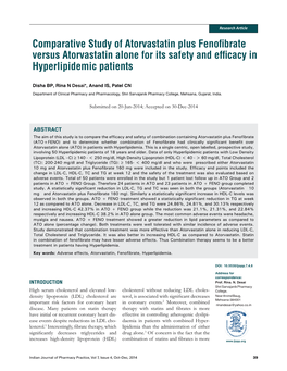 Comparative Study of Atorvastatin Plus Fenofibrate Versus Atorvastatin Alone for Its Safety and Efficacy in Hyperlipidemic Patients