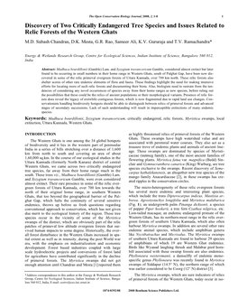 Discovery of Two Critically Endangered Tree Species and Issues Related to Relic Forests of the Western Ghats M.D