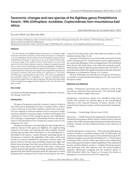 Taxonomic Changes and New Species of the Flightless Genusparepistaurus Karsch, 1896 (Orthoptera: Acrididae, Coptacridinae) from Mountainous East Africa